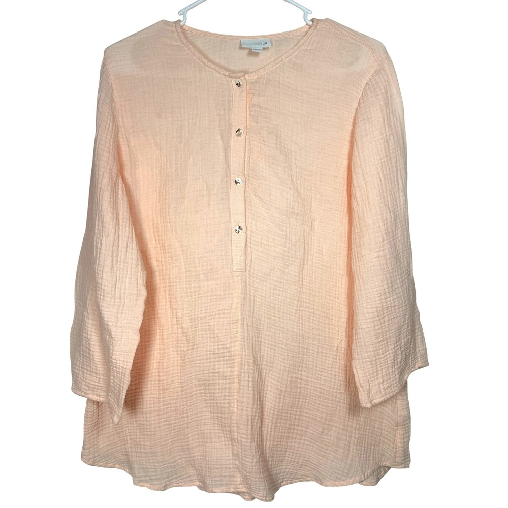 Pure Jill Women Medium Peach Cotton Muslin Crepe Henley Tunic Top 3/4 Sleeve